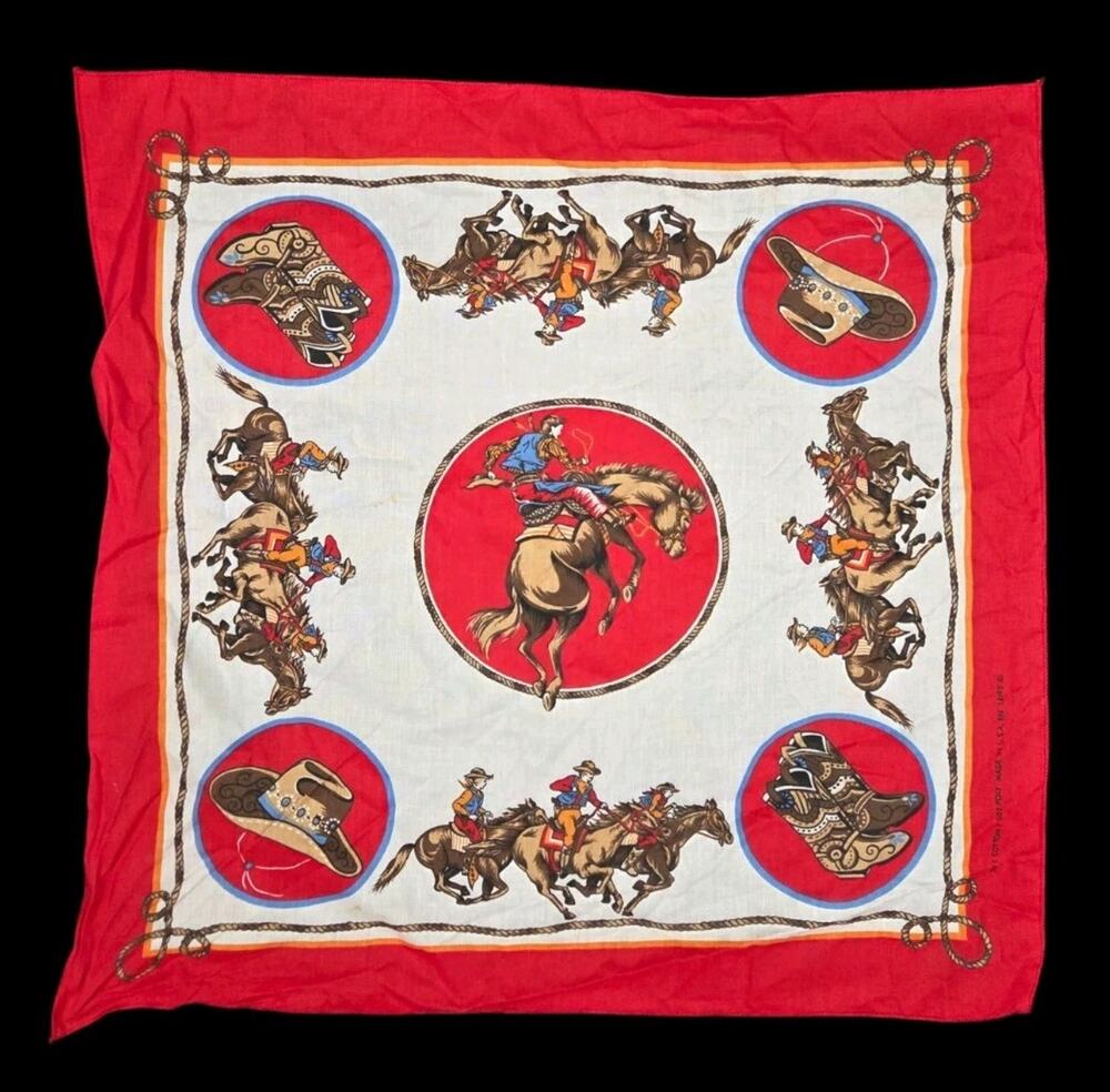 Vintage Western Square Handkerchief USA White Red Cowboy Cowgirl Rodeo 21x21
